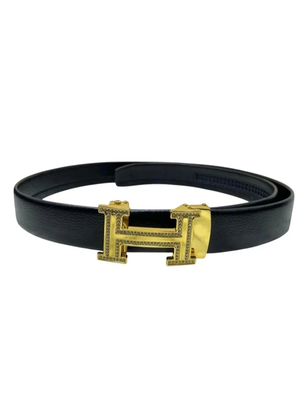 Elegant Fashion Belt Rhinestone Gold Buckle PU Leather Black Length 48.5 in